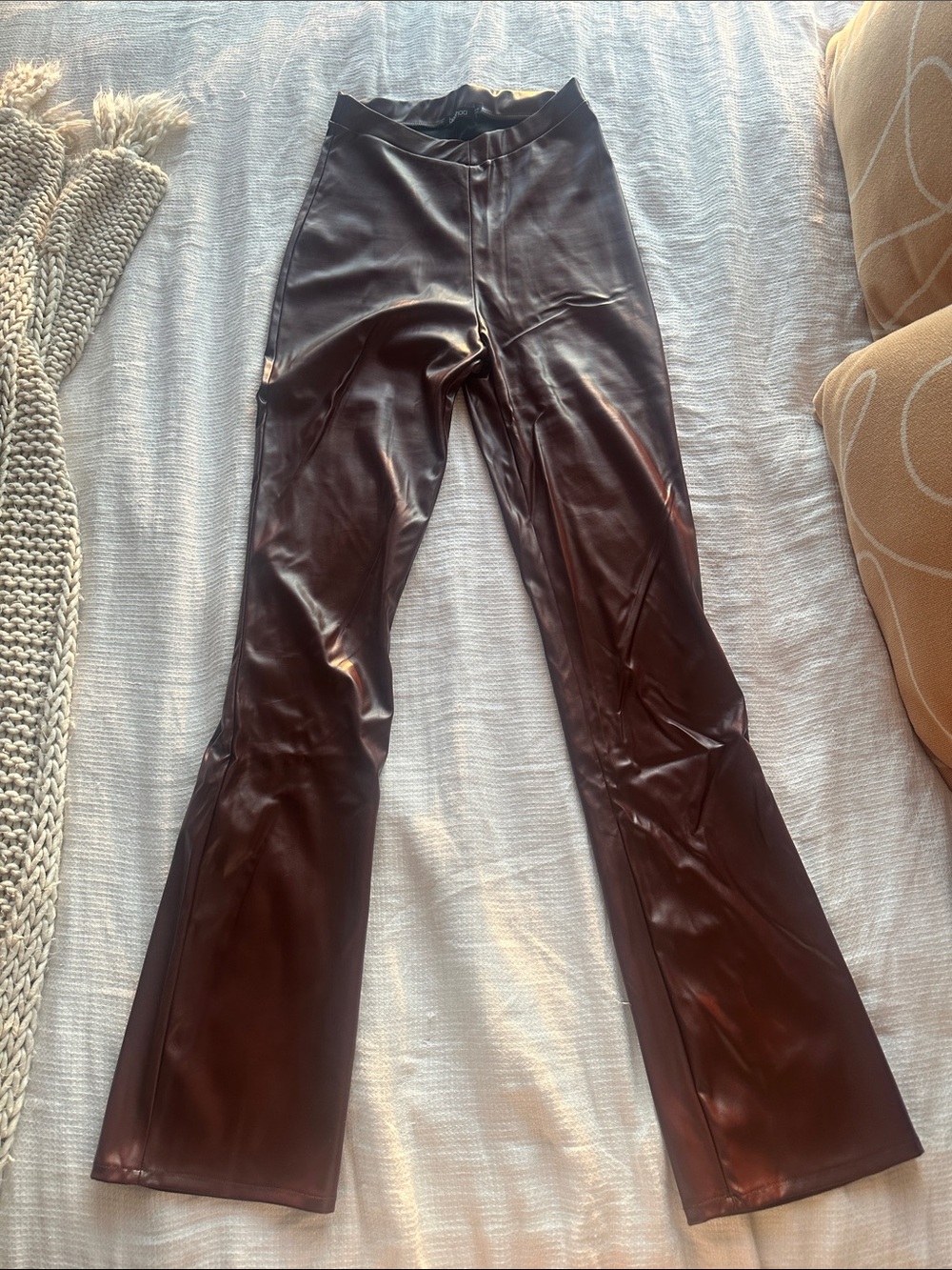 Women’s Faux Leather Flared Pants- Dark Brown